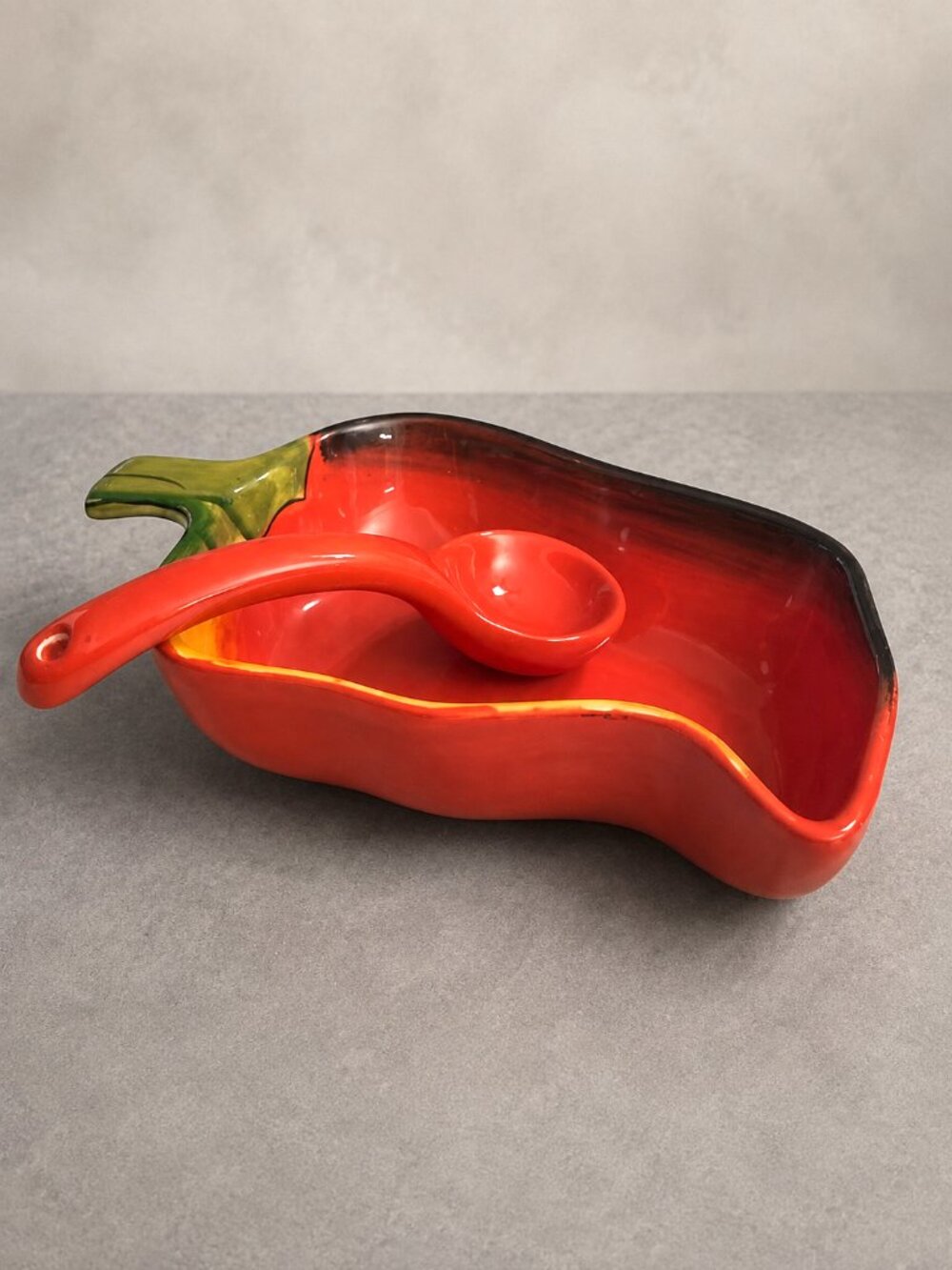 Vintage Clay Art Chili Pepper Salsa Dip Bowl with Serving Spoon Hand Painted